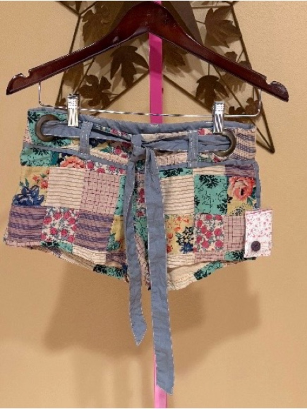Free People Patchwork Floral Tie-Waist Shorts in Teal, Cream & Pink NWT